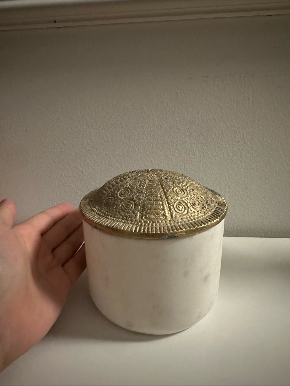 Anthropologie White Marble Jar with Embossed Gold Lid